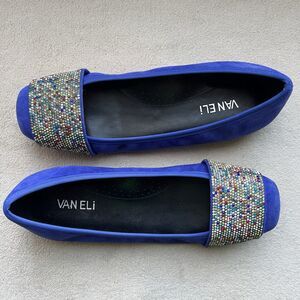 Vaneli Nabila Jordan Royal Blue Suede Flats Rhinestone Flat Shoe Women 8W Square